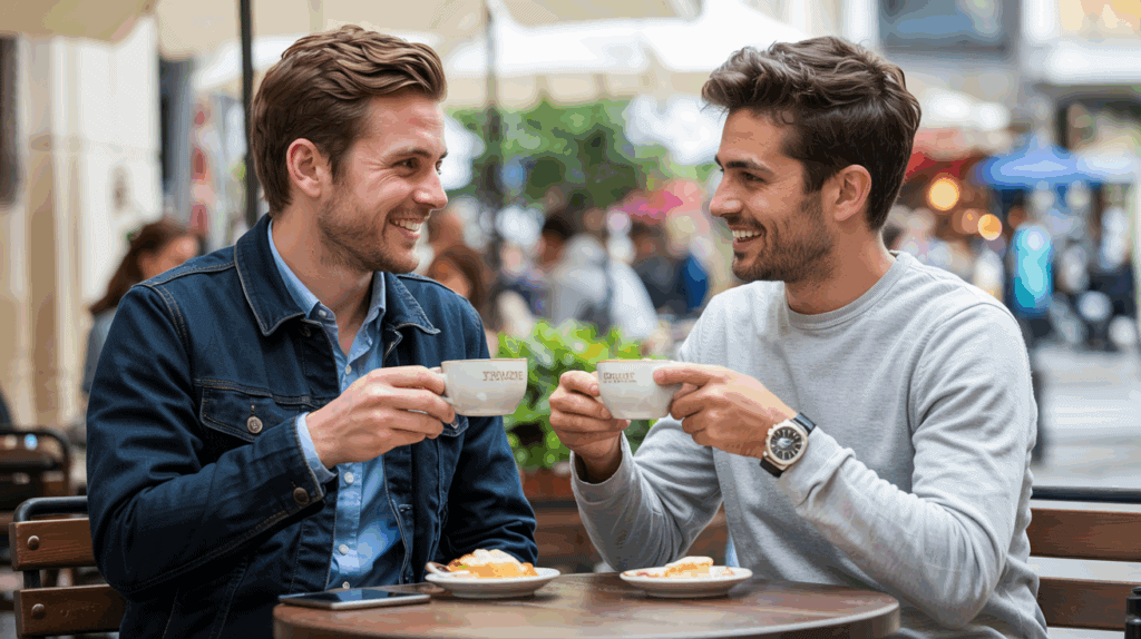 Two men enjoying a safe and positive first date in a public coffee shop, highlighting successful safe online dating practices