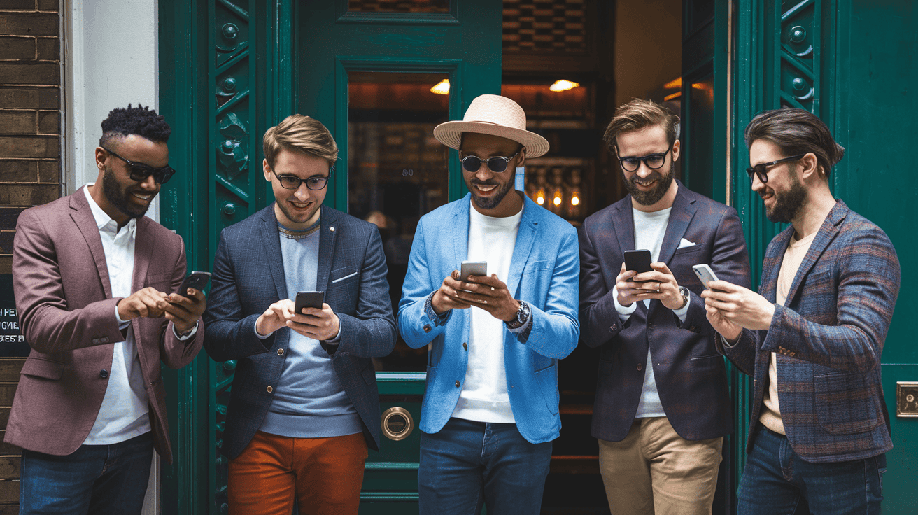 Stylish UK lads checking the Badoo dating app on their phones with cheeky grins before a night out.